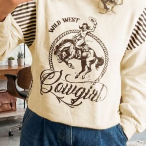 Jet Stream Western Print Striped Detail Long Sleeve Casual Top
