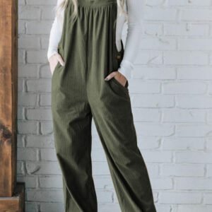 Jungle Green Button Adjustable Straps Solid Color Corduroy Jumpsuit