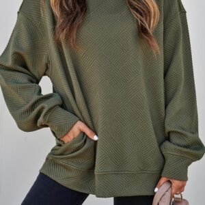 Jungle Green Solid Color Textured Round Neck Drop Shoulder Pullover Sweatshirt