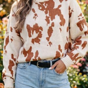 Khaki Abstract Print Drop Shoulder Long Sleeve Round Neck Sweater