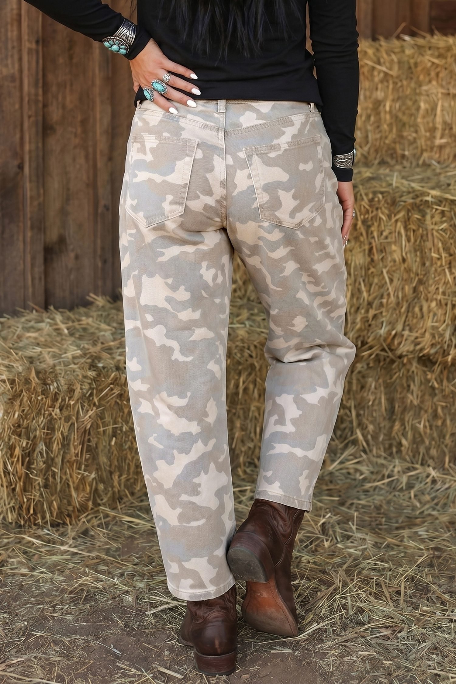 Khaki Camouflage Print Pocket Ankle-Length Barrel Jeans