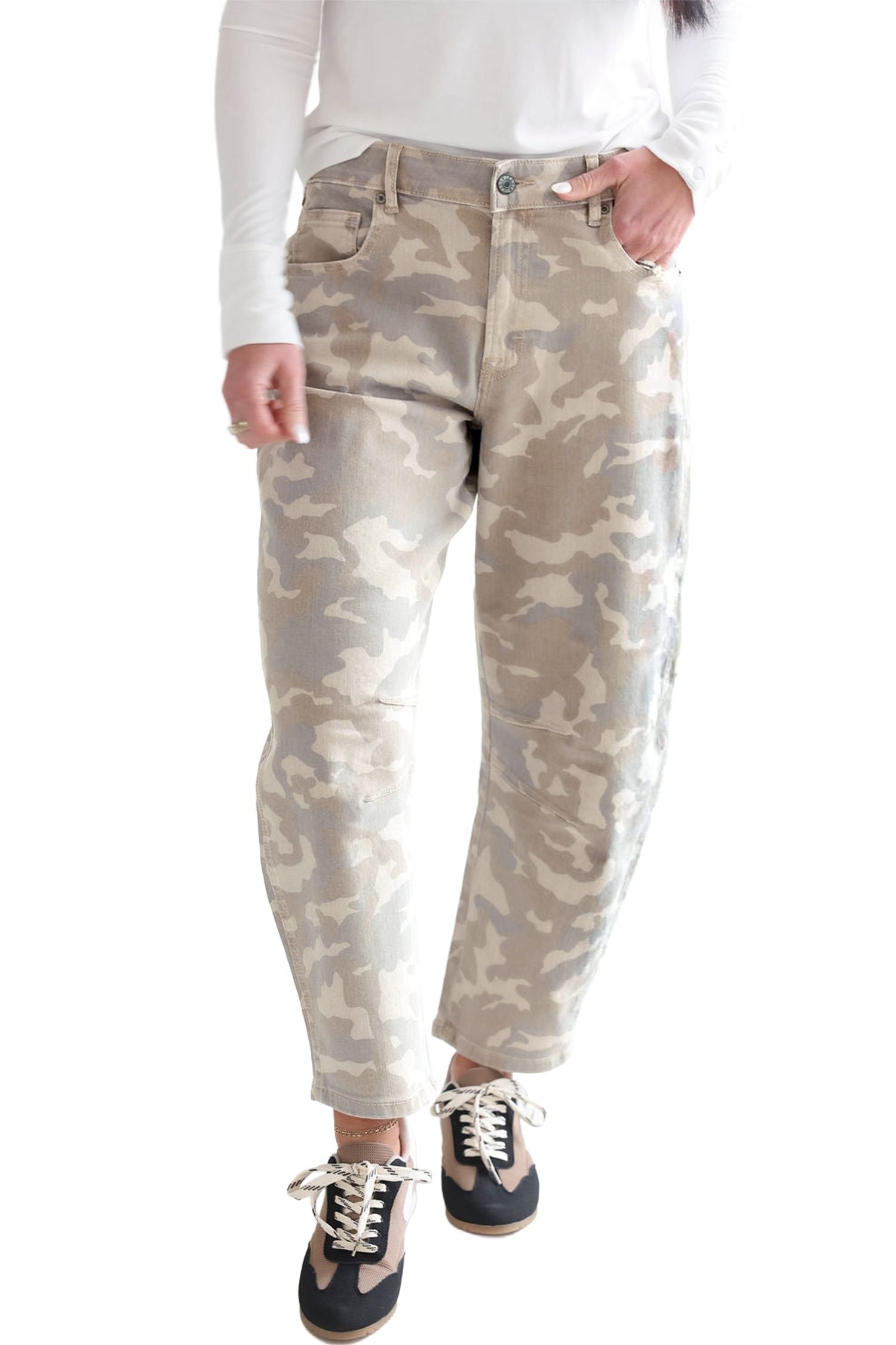 Khaki Camouflage Print Pocket Ankle-Length Barrel Jeans