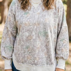 Khaki Camouflage Print Round Neck Long Sleeve Shift Plus Size Sweatshirt