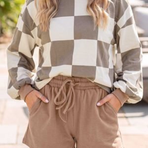 Khaki Checkerboard Plaid Long Sleeve Solid Color Shorts 2pcs Set