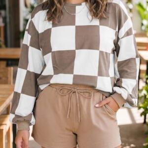 Khaki Checkered Contrast Long Sleeve Top Solid Shorts Plus Size 2pcs Set