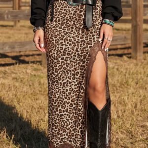 Khaki Cheetah Print Trim Split Long Western Skirt
