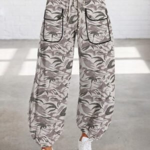 Khaki Drawstring Contrast Waistband Camouflage Joggers Pants