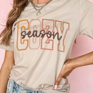 Khaki Embroidered Slogan Short Sleeve Graphic Tee