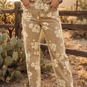 Khaki Floral Print Metal Button Pleated Straight Leg Jeans