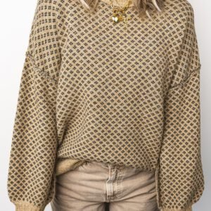 Khaki Geometric Print Drop Shoulder Round Neck Long Sleeve Sweater