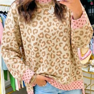 Khaki Leopard Polka Dot Colorblock Trim Long Sleeve Top