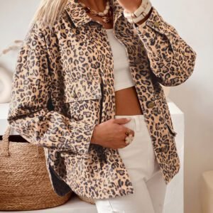 Khaki Leopard Print Collar Long Sleeve Patch Pocket Shift Denim Jacket