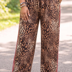 Khaki Leopard Print Colorblock Side Stripes Wide Leg Full Length Plus Size Pants