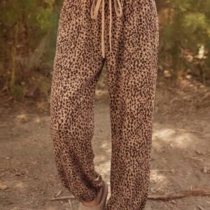 Khaki Leopard Print Drawstring Waist Patch Pockets Pants