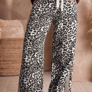 Khaki Leopard Print Drawstring Waist Straight Leg Jeans