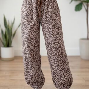 Khaki Leopard Print Elastic Waist Ankle Length Pants