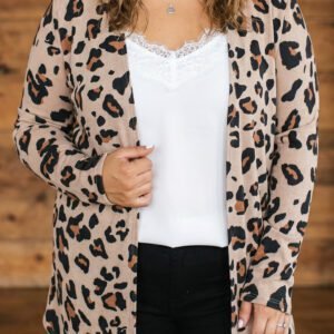 Khaki Leopard Print Long Sleeve V Neck Tunic Plus Size Cardigan