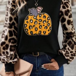 Khaki Leopard Sleeve Pumpkin Print Graphic Knit Top