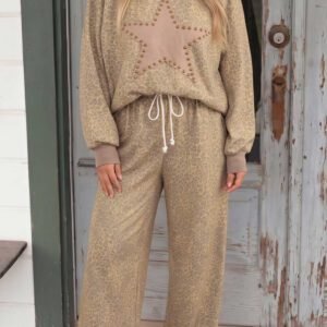 Khaki Leopard Star Print Long Sleeve Loose Casual Two Piece Pants Set