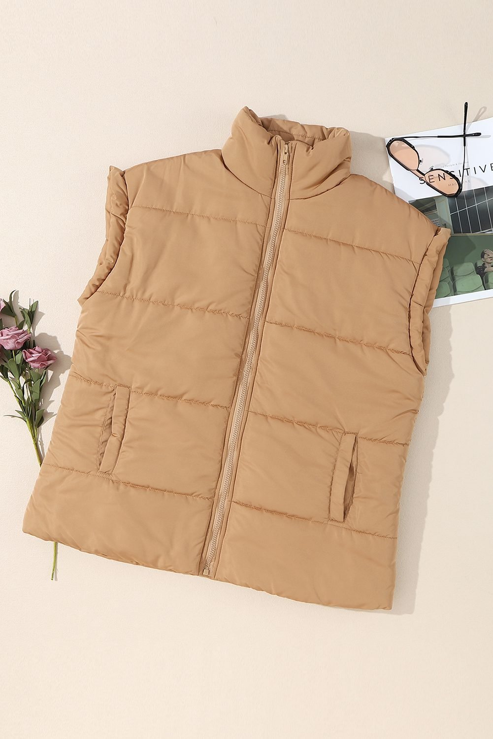 Khaki Oversized Stand Collar Zip Winter Vest