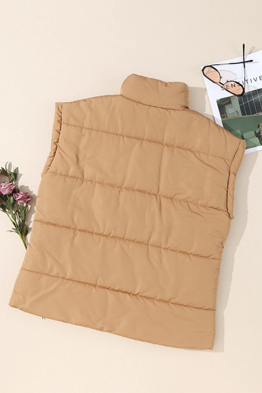 Khaki Oversized Stand Collar Zip Winter Vest