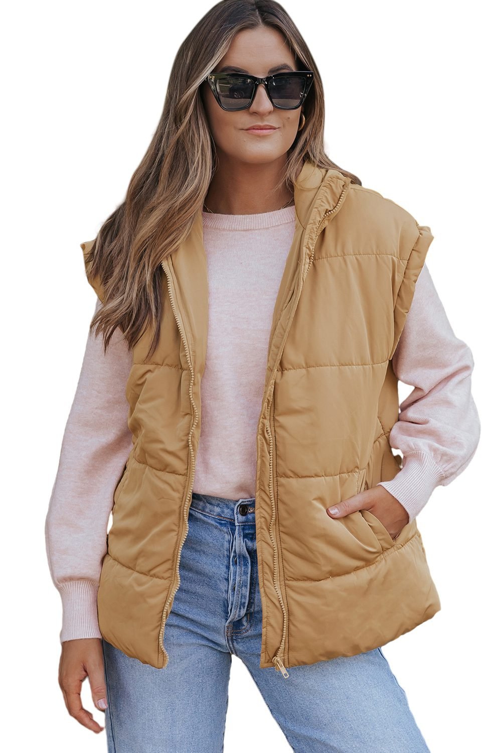 Khaki Oversized Stand Collar Zip Winter Vest