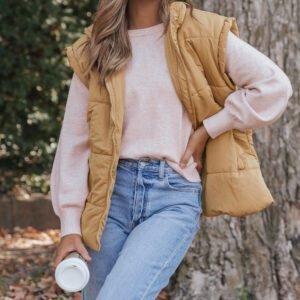 Khaki Oversized Stand Collar Zip Winter Vest