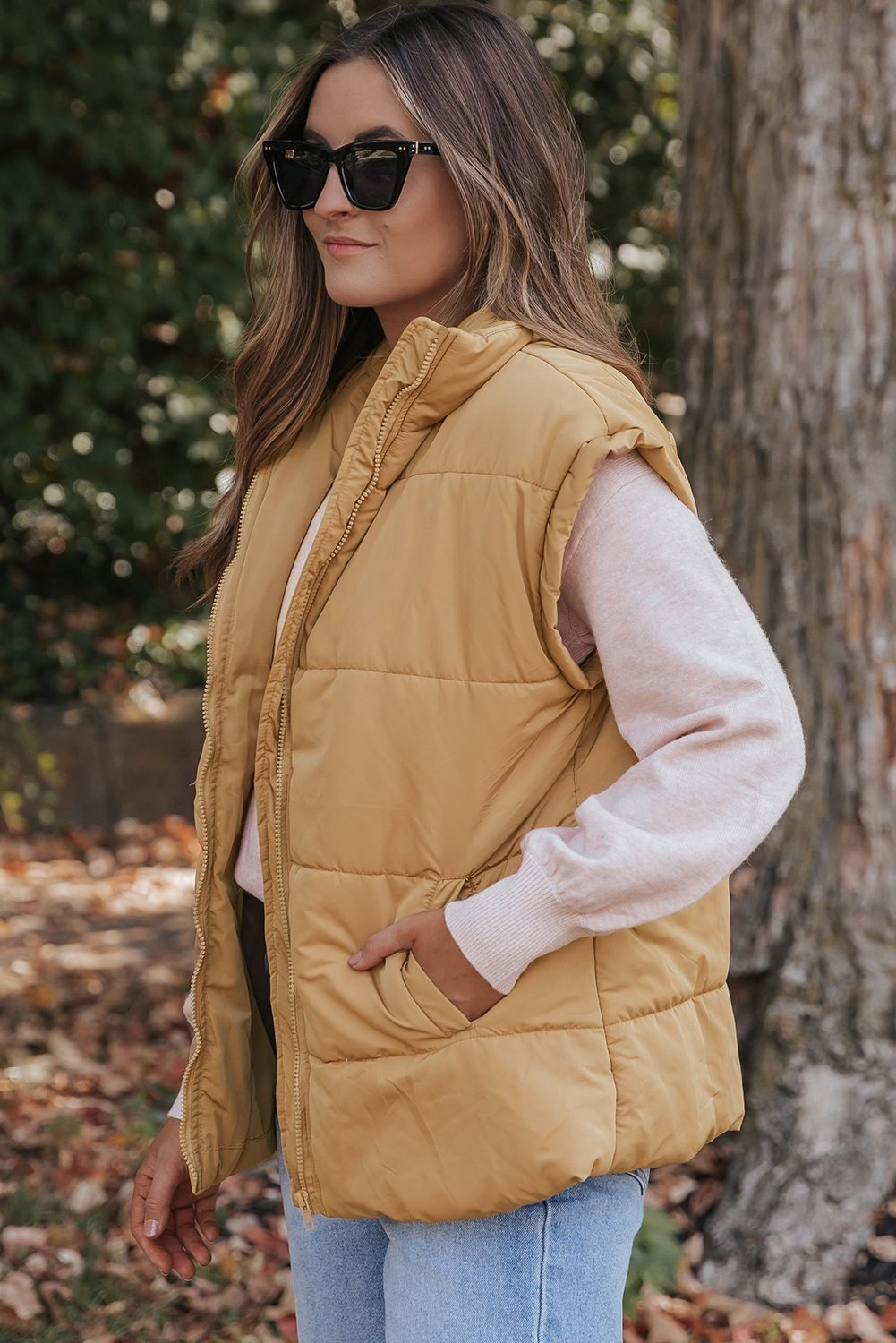 Khaki Oversized Stand Collar Zip Winter Vest