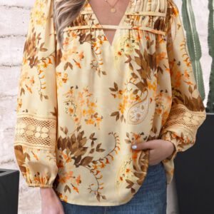 Khaki Paisley Print Decorative Binding Tape V Neck Shift Blouse