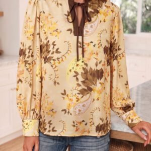 Khaki Paisley Print Tie Neck Long Sleeve Blouse