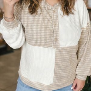 Khaki Patchwork Checkered Long Sleeve Round Neck Plus Size Blouse