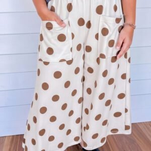 Khaki Polka Dot Elastic Waist Wide Leg Plus Size Pants