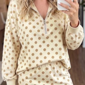 Khaki Polka Dot Hooded Long Sleeve Top Casual Mini Skort Set