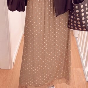 Khaki Polka Dot Lace Hem Elegant Long Shift Skirt