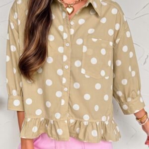 Khaki Polka Dot Print Three Quarter Sleeve Ruffle Hem Casual Shirt