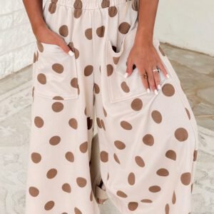 Khaki Polka Dot Wide Leg Elastic Waist Casual Pants