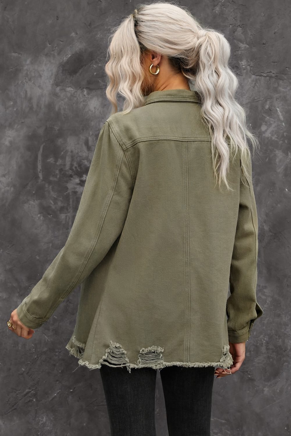 Khaki Raw Hem Distressed Denim Shirt Jacket