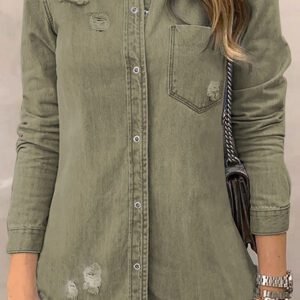 Khaki Raw Hem Distressed Denim Shirt Jacket
