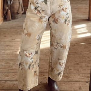 Khaki Retro Floral Print Relaxed Barrel Jeans