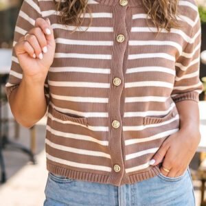 Khaki Stripe Button Down Short Sleeve Knit Plus Size Cardigan