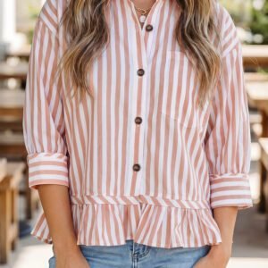 Khaki Stripe Collar Button Front Bracelet Sleeve Ruffle Hem Shirt