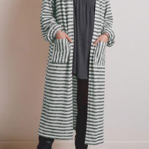Khaki Stripe Long Puff Sleeve Open Front Oversized Long Cardigan