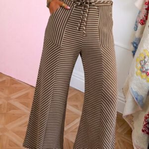 Khaki Stripe Patchwork Design Wide Leg Casual Pants