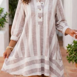 Khaki Stripe Striped Button-Up Three-Quarter Sleeve Short Shift Dress
