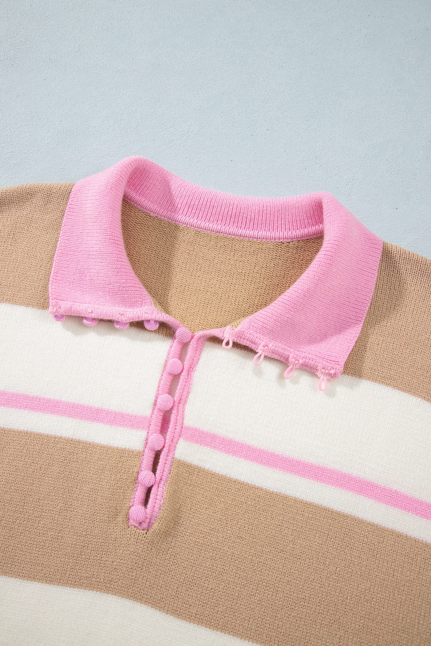 Khaki Stripe Striped Drop Shoulder Button Placket Long Sleeve Sweater