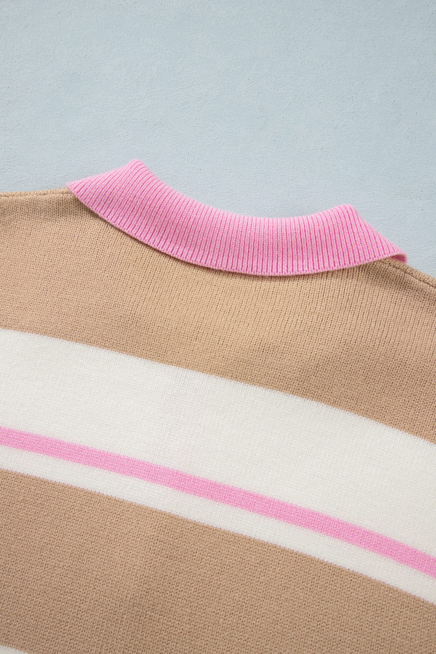 Khaki Stripe Striped Drop Shoulder Button Placket Long Sleeve Sweater