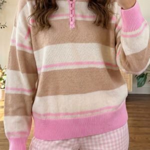 Khaki Stripe Striped Drop Shoulder Button Placket Long Sleeve Sweater
