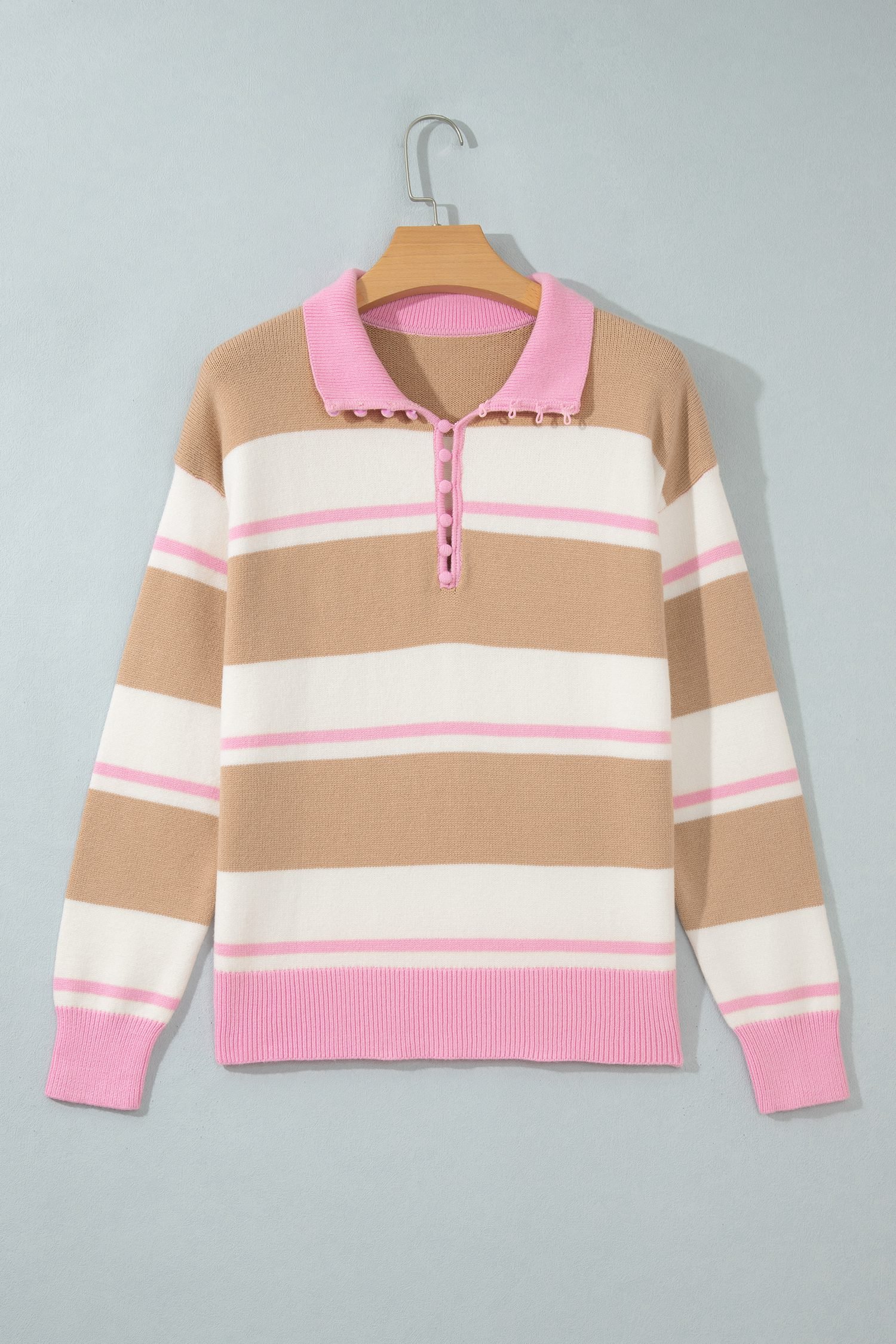 Khaki Stripe Striped Drop Shoulder Button Placket Long Sleeve Sweater