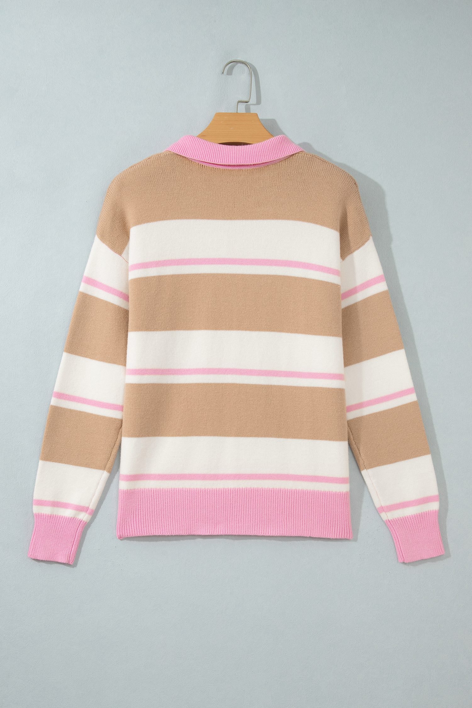 Khaki Stripe Striped Drop Shoulder Button Placket Long Sleeve Sweater
