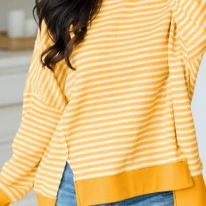 Khaki Stripe Textured Knit Color Block Trim Split Hem Long Sleeve Top